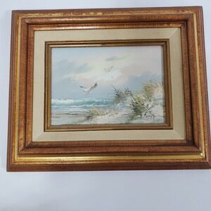 J Thompson Seascape Oil Painting Signed 5x7 Blue Gold Frame Coastal Art